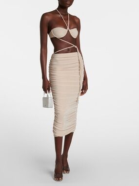 Sculpted Ruched Midi Dress in Glitter Neutral Beige